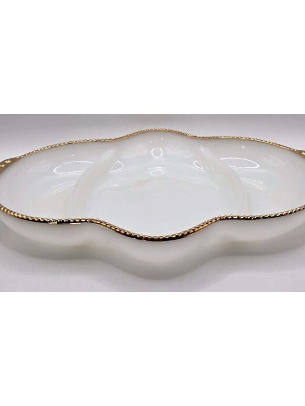 VTG Fire King Oven Ware White Milk Glass 3-Section 22k Gold Trim